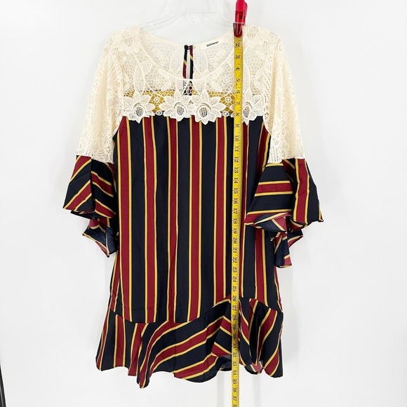 Bluheaven Black Red Striped Bell Sleeve Ruffle Hem Lace Shift Dress Size Medium - Picture 11 of 13